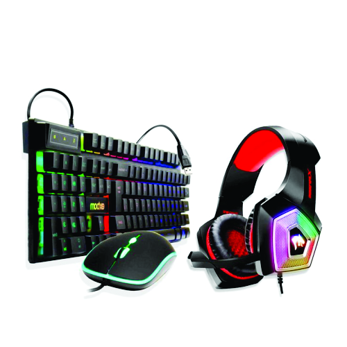 Teclado de computador, mouse e headset